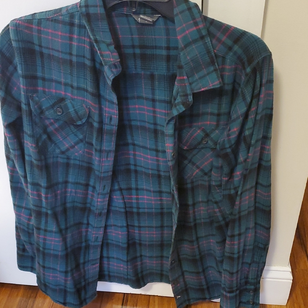 Eddie Bauer Teal and Pink Plaid Shirt